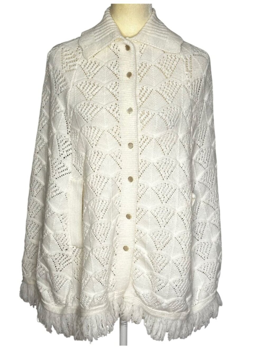 Vintage Crochet Cape White Fringe Boho Cottagecore Festival Shawl OSFM